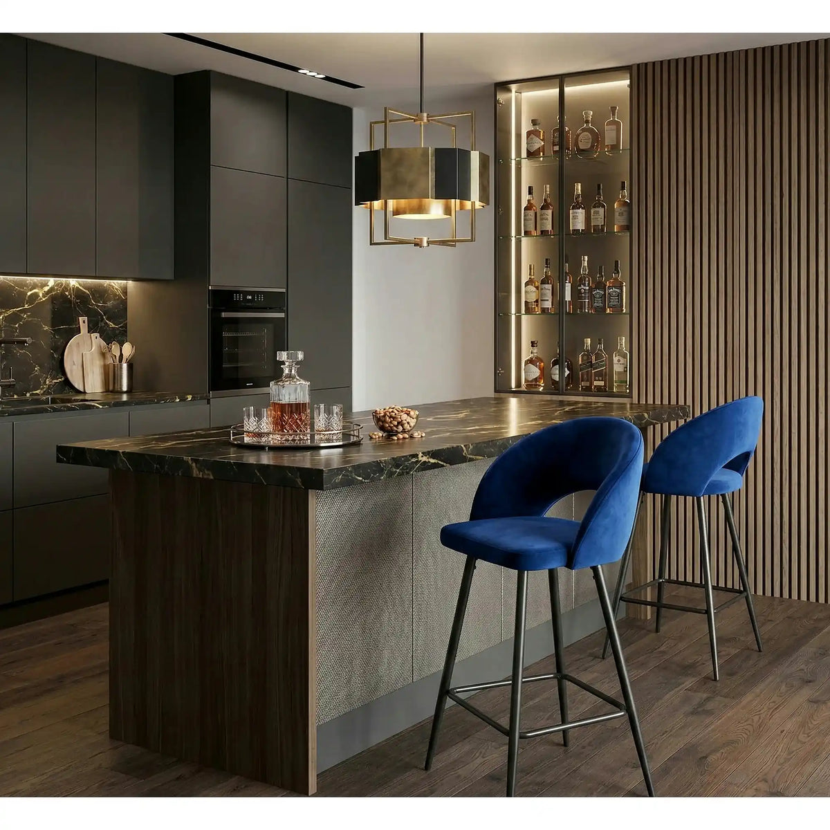 Scaun bar H96, albastru inchis/negru, stofa/otel, 48x49x89 cm