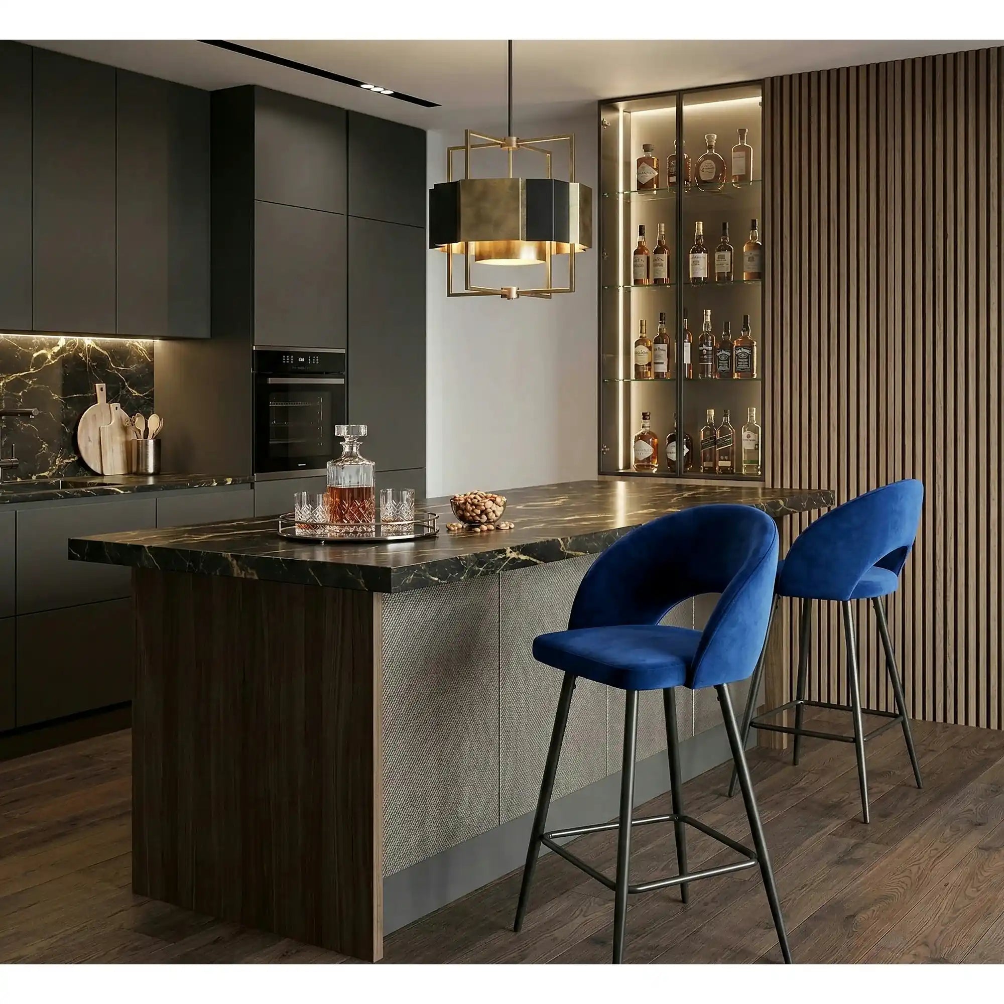 Scaun bar H96, albastru inchis/negru, stofa/otel, 48x49x89 cm