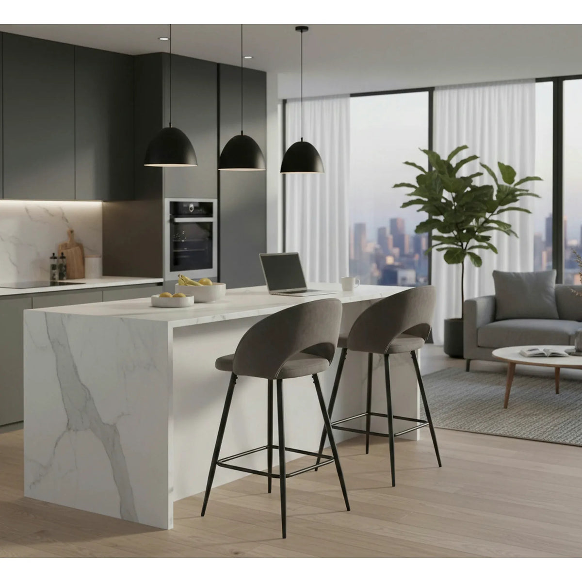 Scaun bar H96, gri/negru, stofa/otel, 48x49x89 cm