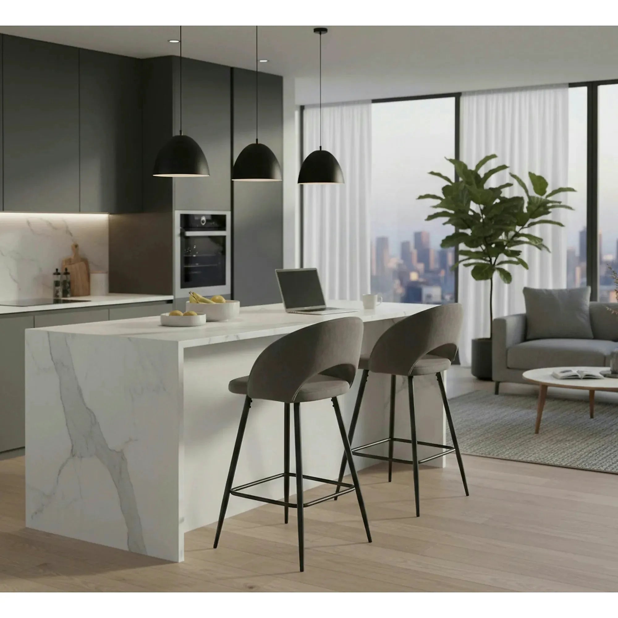 Scaun bar H96, gri/negru, stofa/otel, 48x49x89 cm