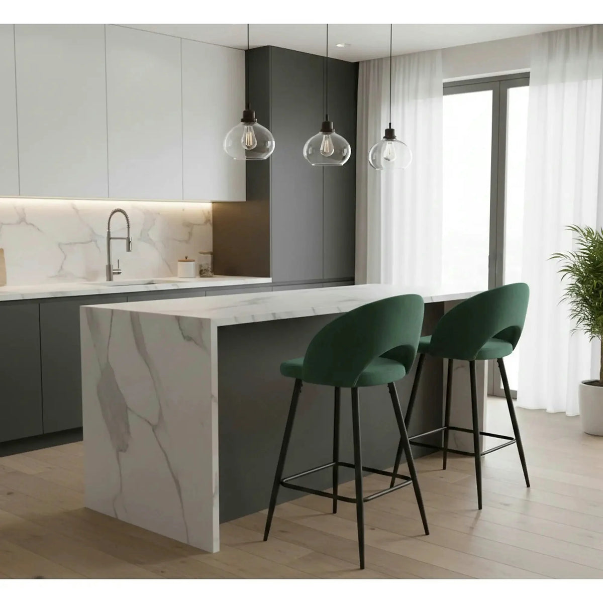 Scaun bar H96, verde inchis/negru, stofa/otel, 48x49x89 cm