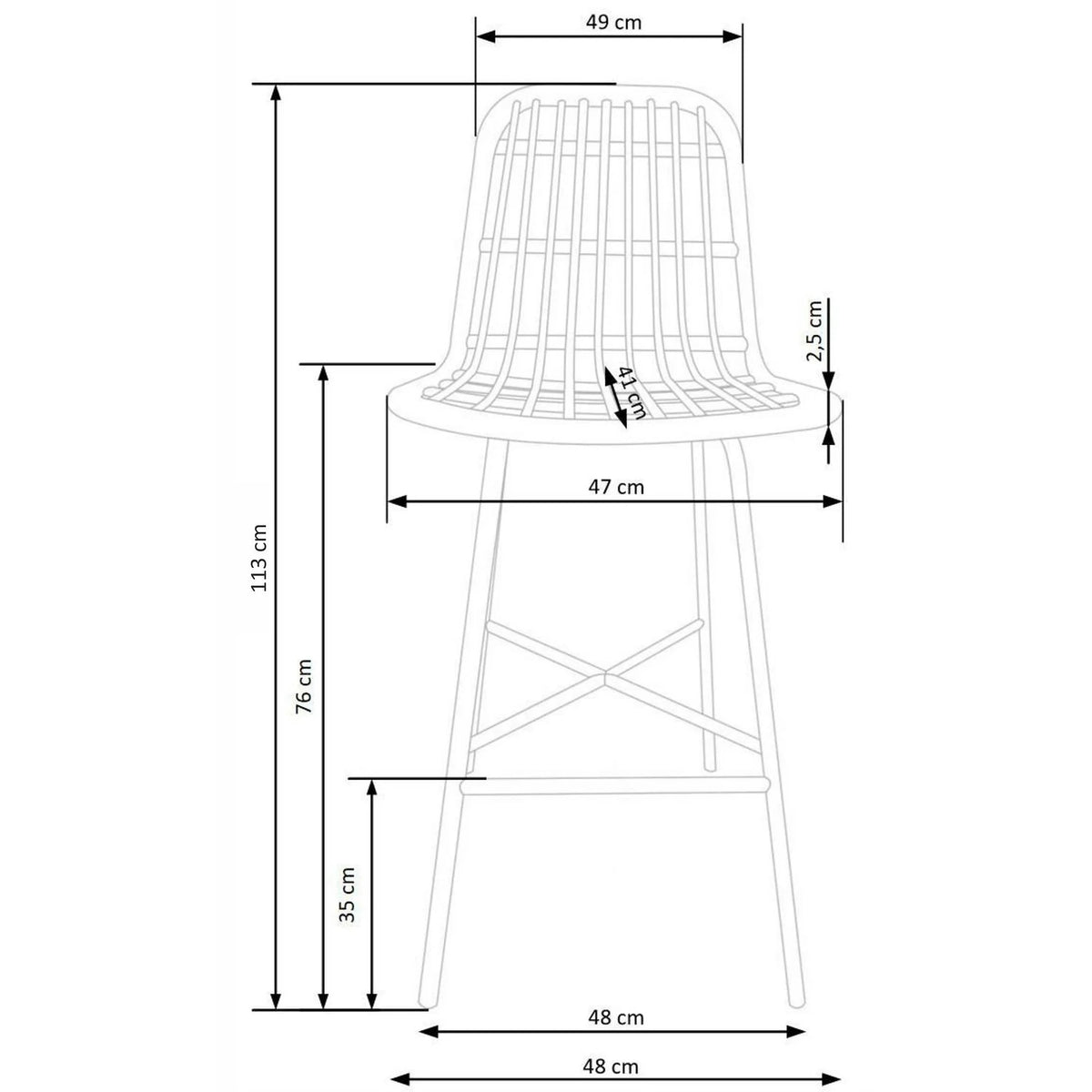 Scaun bar H97, negru/stejar, rattan sintetic/otel, 47x57x113 cm