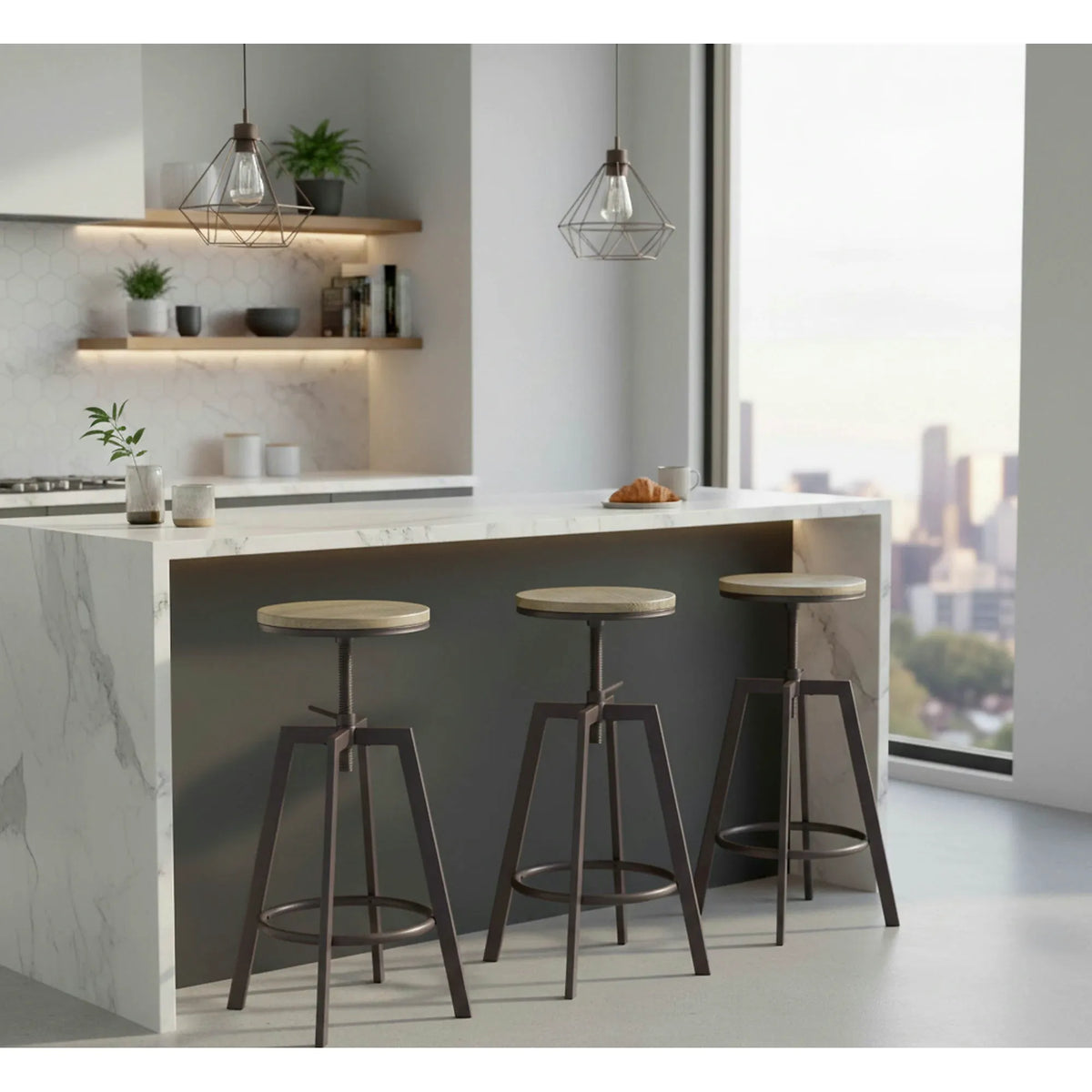 Scaun bar industrial H64, stejar/gri inchis, 30x30x63/80 cm