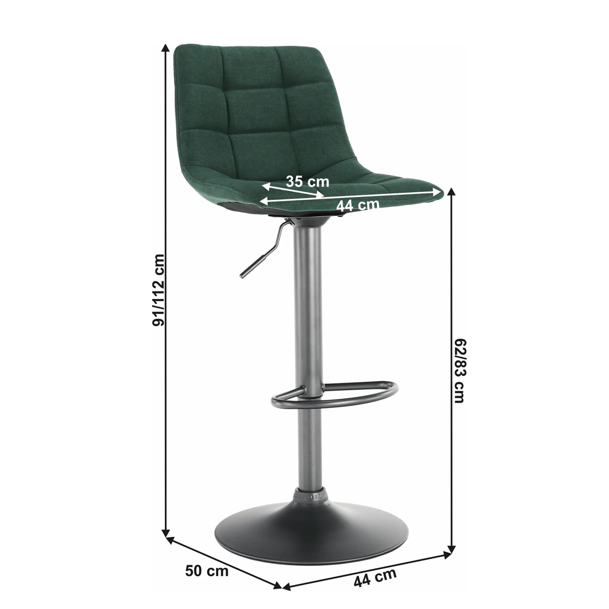 Scaun bar LAHELA, verde/negru, stofa clasica/metal, 44x50x91/112 cm