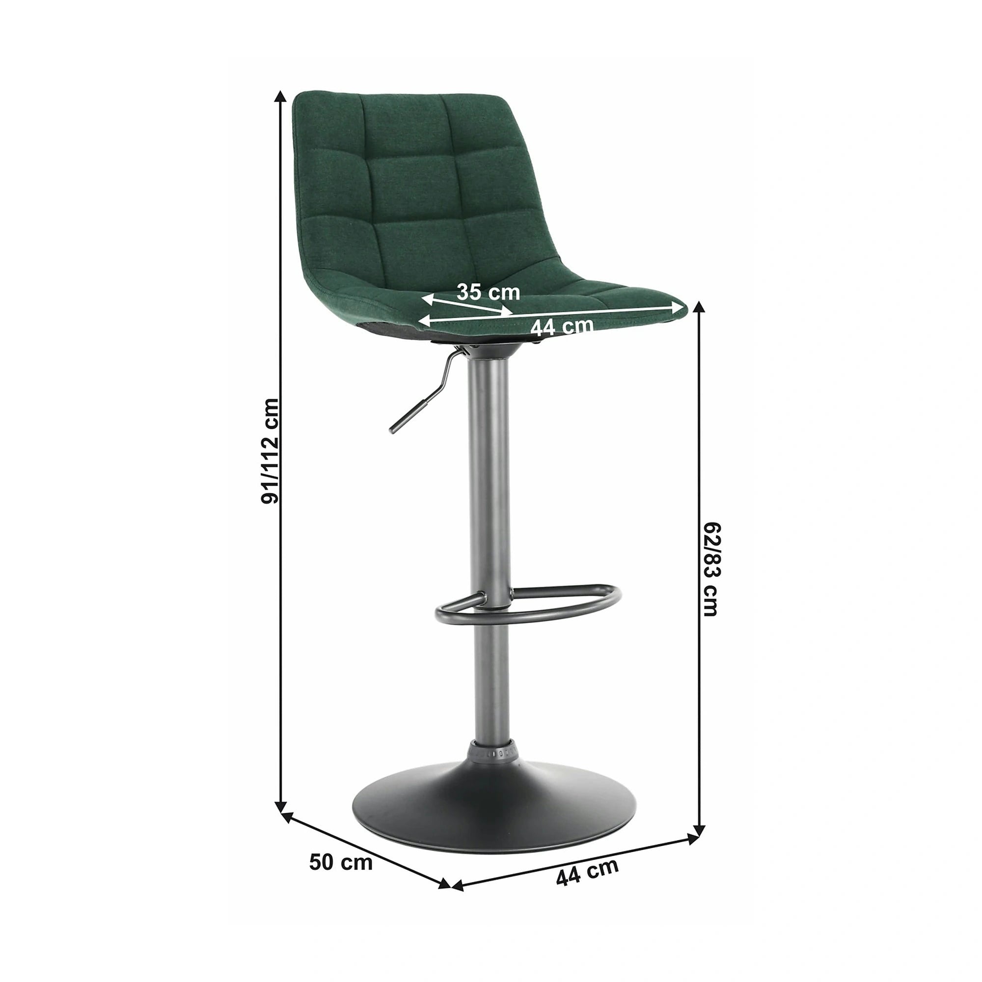 Scaun bar LAHELA, verde/negru, stofa clasica/metal, 44x50x91/112 cm