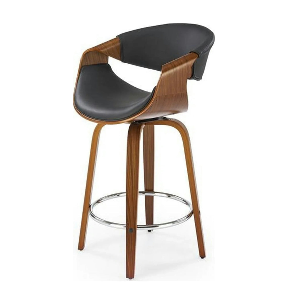 Scaun bar lemn spatar H123, negru/nuc, piele ecologica, 55x51x91 cm
