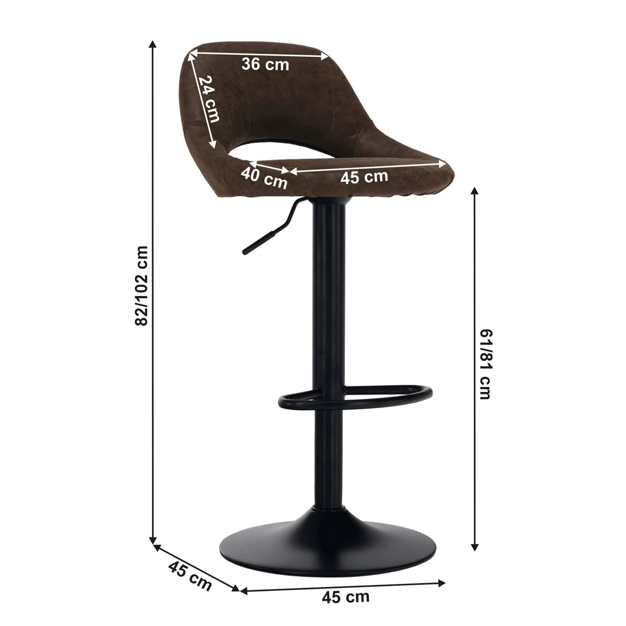 Scaun bar LORASA NEW, maro/negru, piele intoarsa/metal, 45x45x82/102 cm