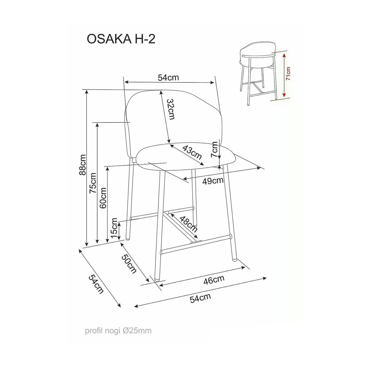 Scaun bar OSAKA H-2, gri/negru, stofă/metal, 54x43x88 cm