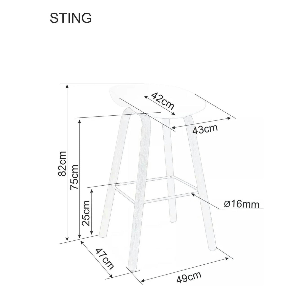 Scaun bar STING, alb/stejar, metal/plastic, 49x47x82 cm
