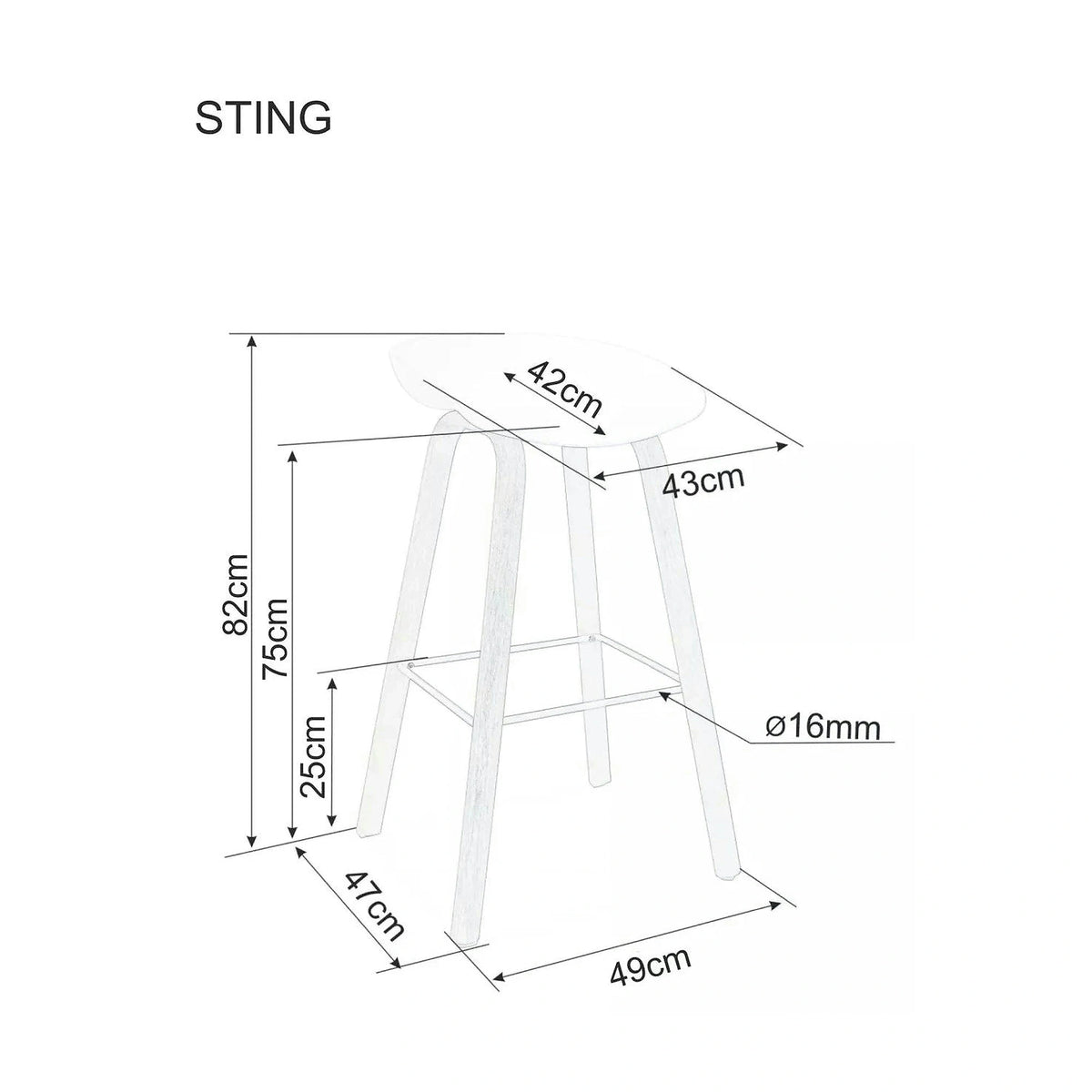 Scaun bar STING, alb/stejar, metal/plastic, 49x47x82 cm