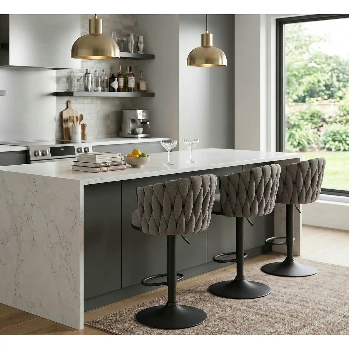 Scaun bar textil H125, gri - Nea 15, stofa clasica/otel, 53x54x90/105 cm