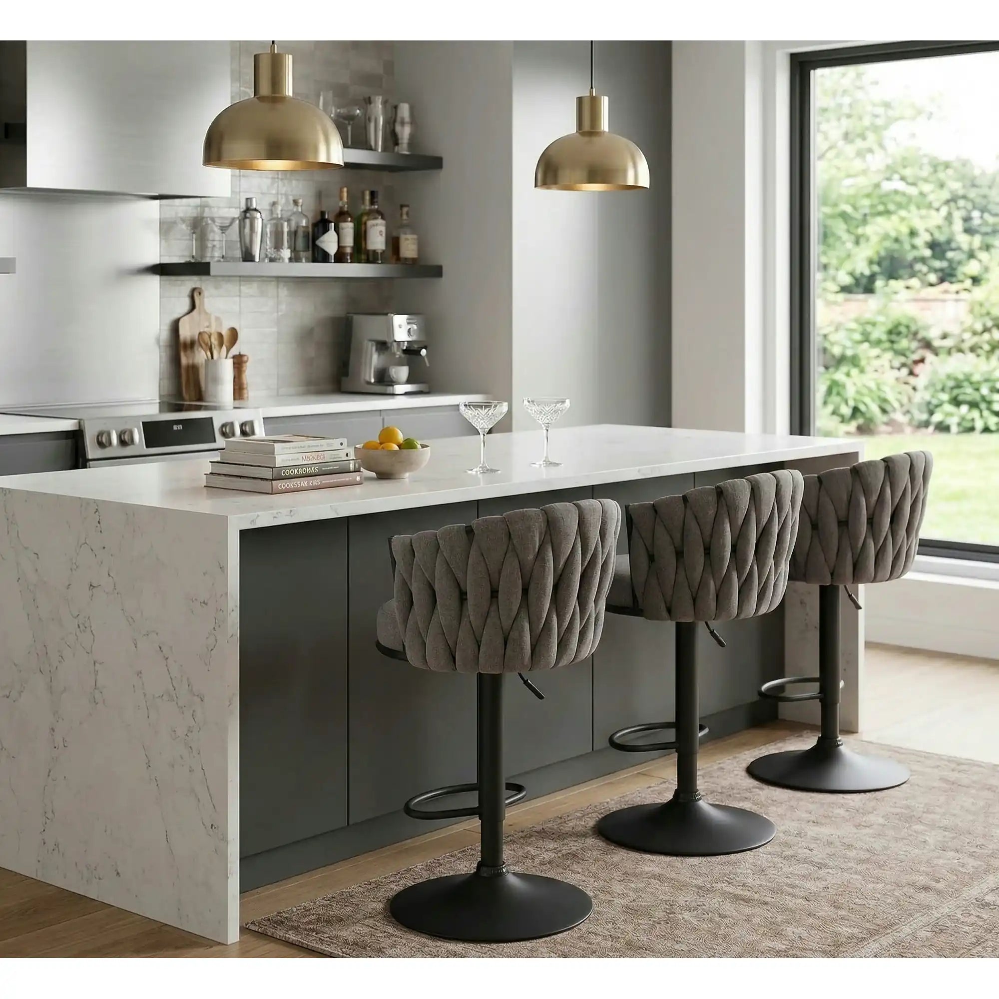 Scaun bar textil H125, gri - Nea 15, stofa clasica/otel, 53x54x90/105 cm