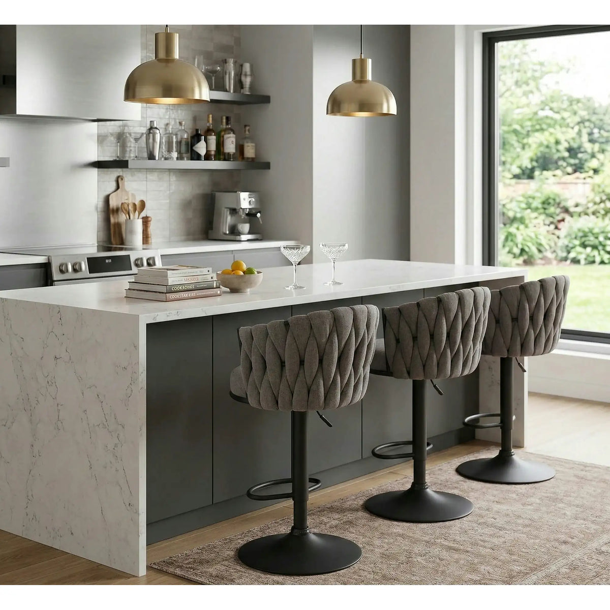 Scaun bar textil H125, gri - Nea 15, stofa clasica/otel, 53x54x90/105 cm
