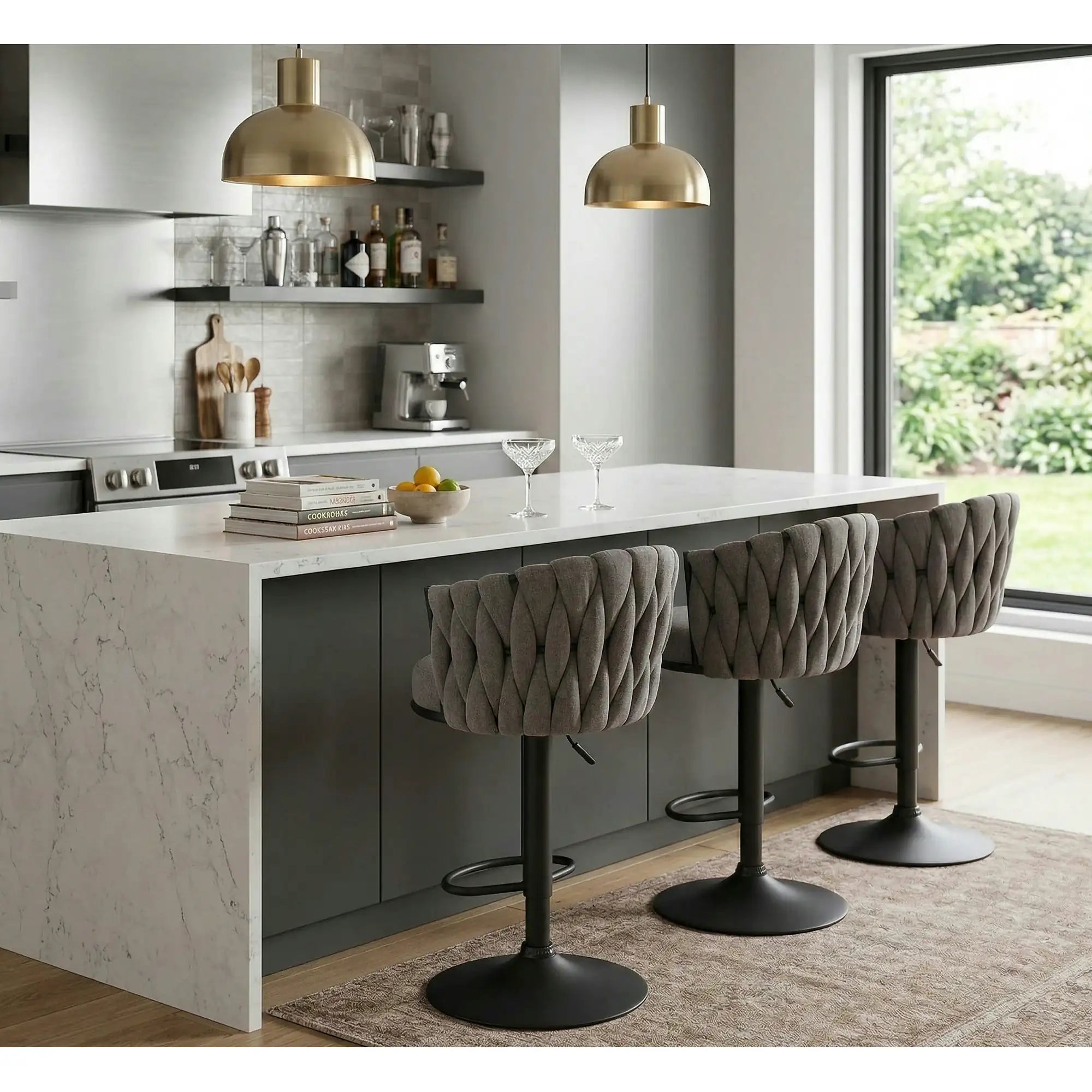 Scaun bar textil H125, gri - Nea 15, stofa clasica/otel, 53x54x90/105 cm