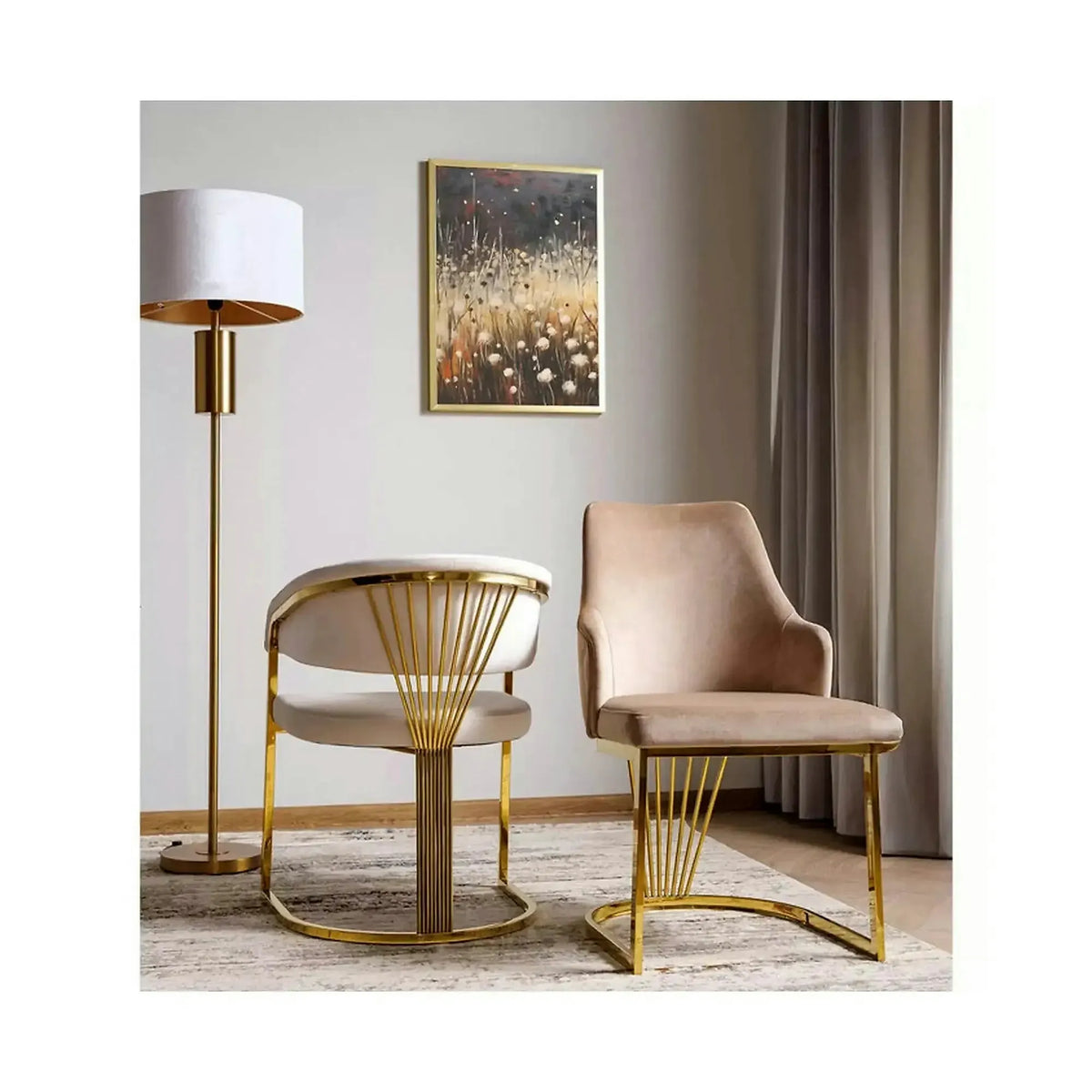 Scaun bej tapitat CROWN, stofa catifelata/metal, 57x64x77 cm