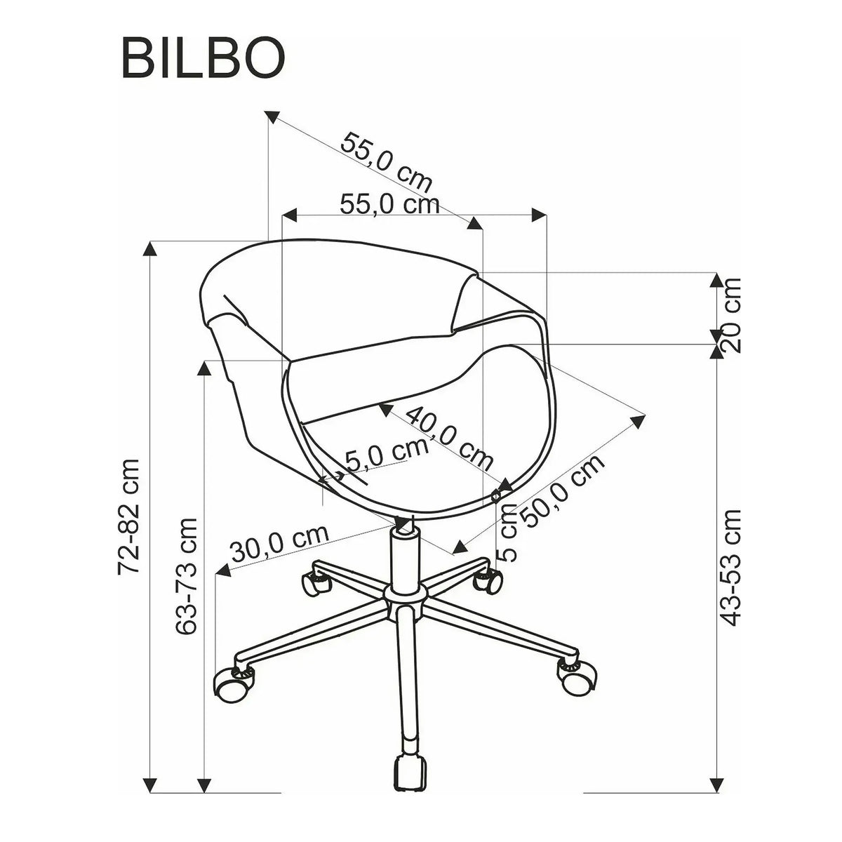 Scaun birou BILBO, nuc/negru, placaj/piele ecologica/metal, 55x55x72/82 cm