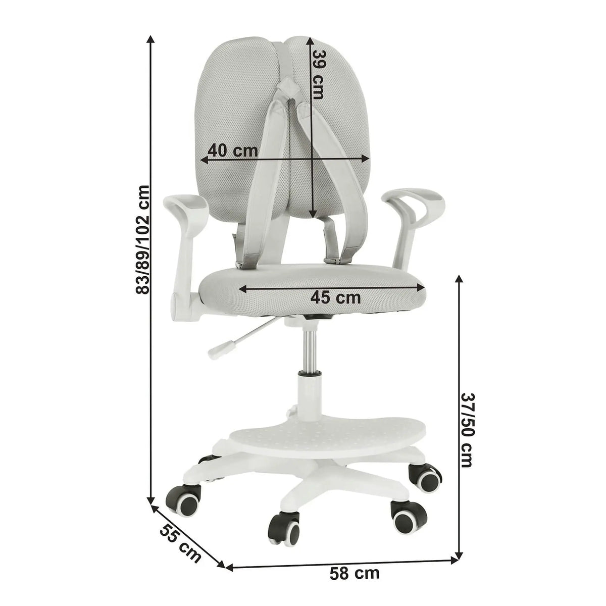 Scaun birou copii ANAIS, alb/gri, plastic/plasa, 58x55x83-102 cm