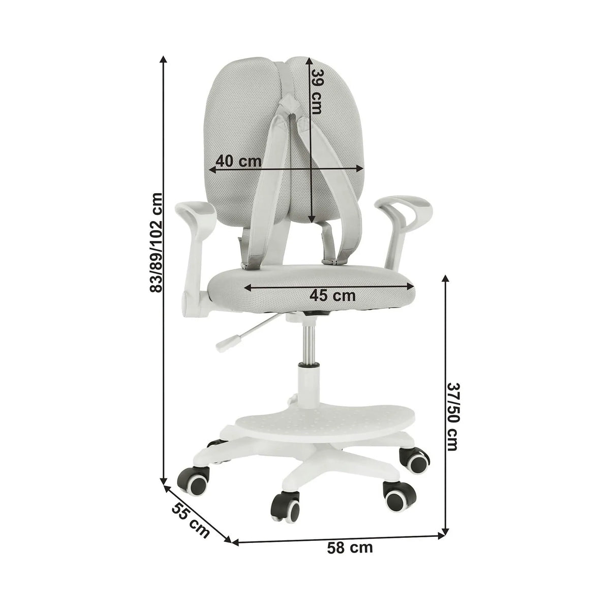 Scaun birou copii ANAIS, alb/gri, plastic/plasa, 58x55x83-102 cm