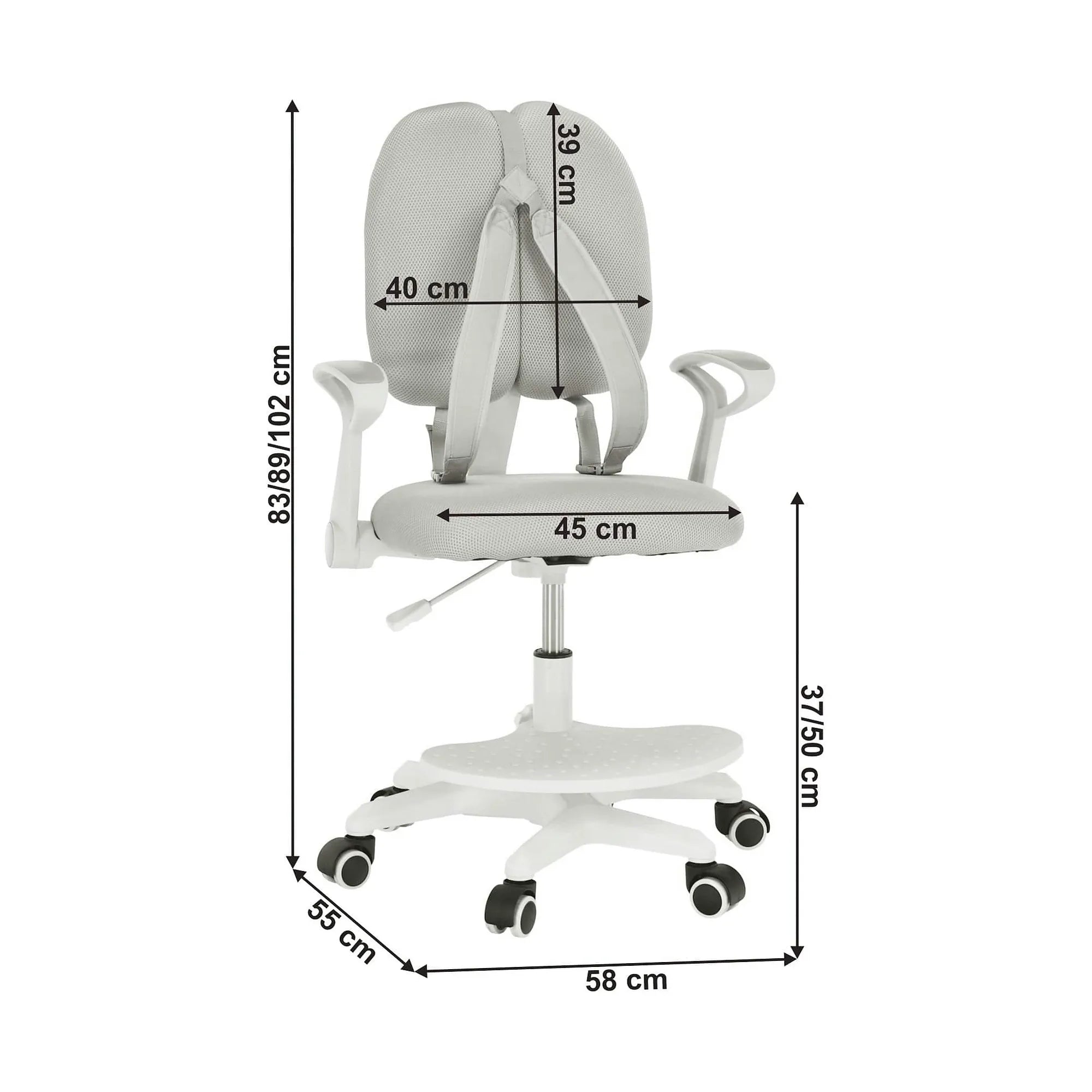 Scaun birou copii ANAIS, alb/gri, plastic/plasa, 58x55x83-102 cm