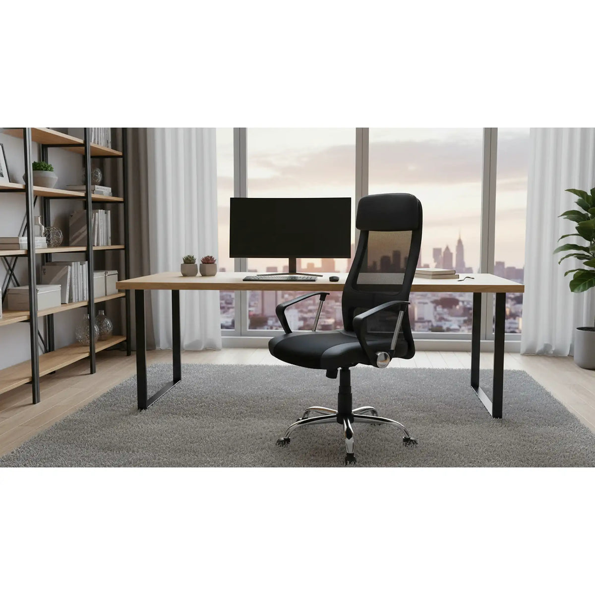 Scaun birou CORA, negru, piele ecologica/plasa, 61x65x118/128 cm