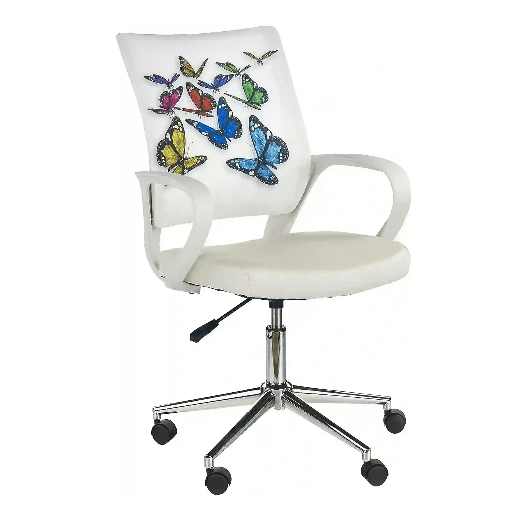 Scaun birou cu fluturi pentru copii BUTTERFLY IBIS, alb, piele ecologica/stofa, 53x59x88/100 cm