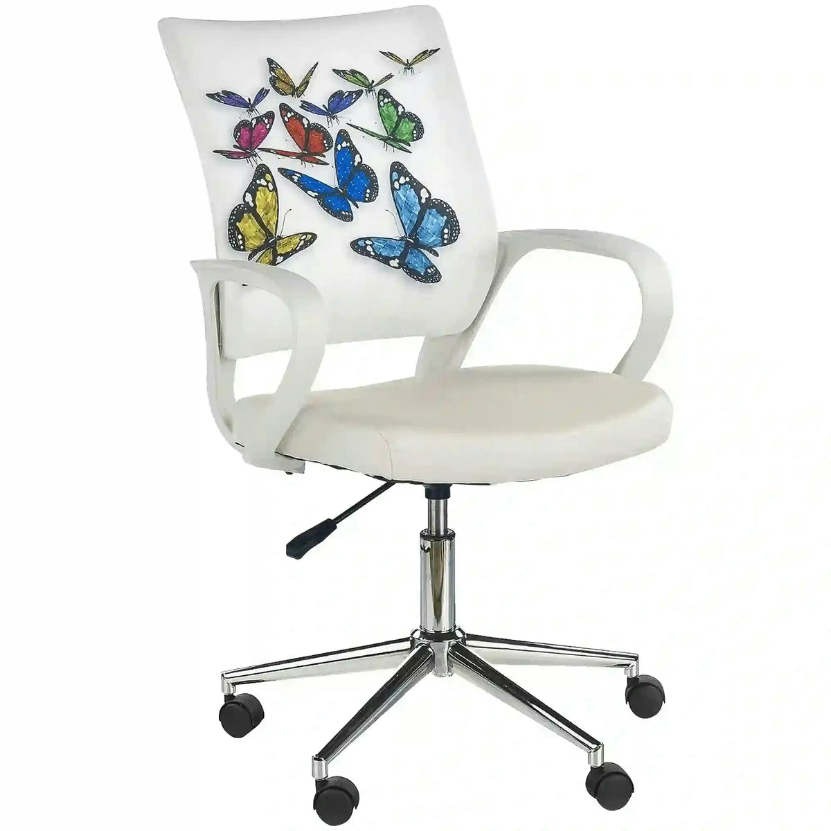 Scaun birou cu fluturi pentru copii BUTTERFLY IBIS, alb, piele ecologica/stofa, 53x59x88/100 cm