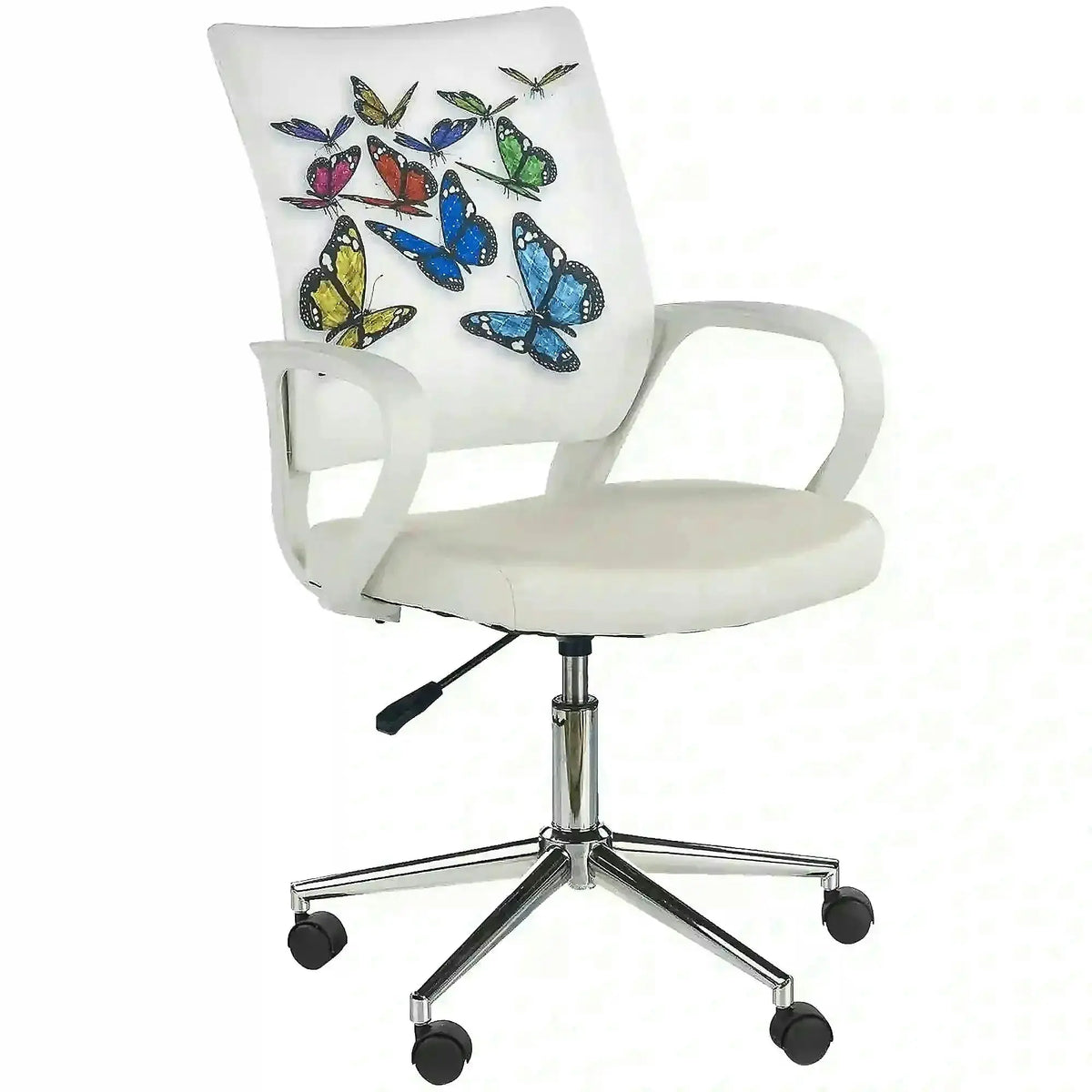 Scaun birou cu fluturi pentru copii BUTTERFLY IBIS, alb, piele ecologica/stofa, 53x59x88/100 cm