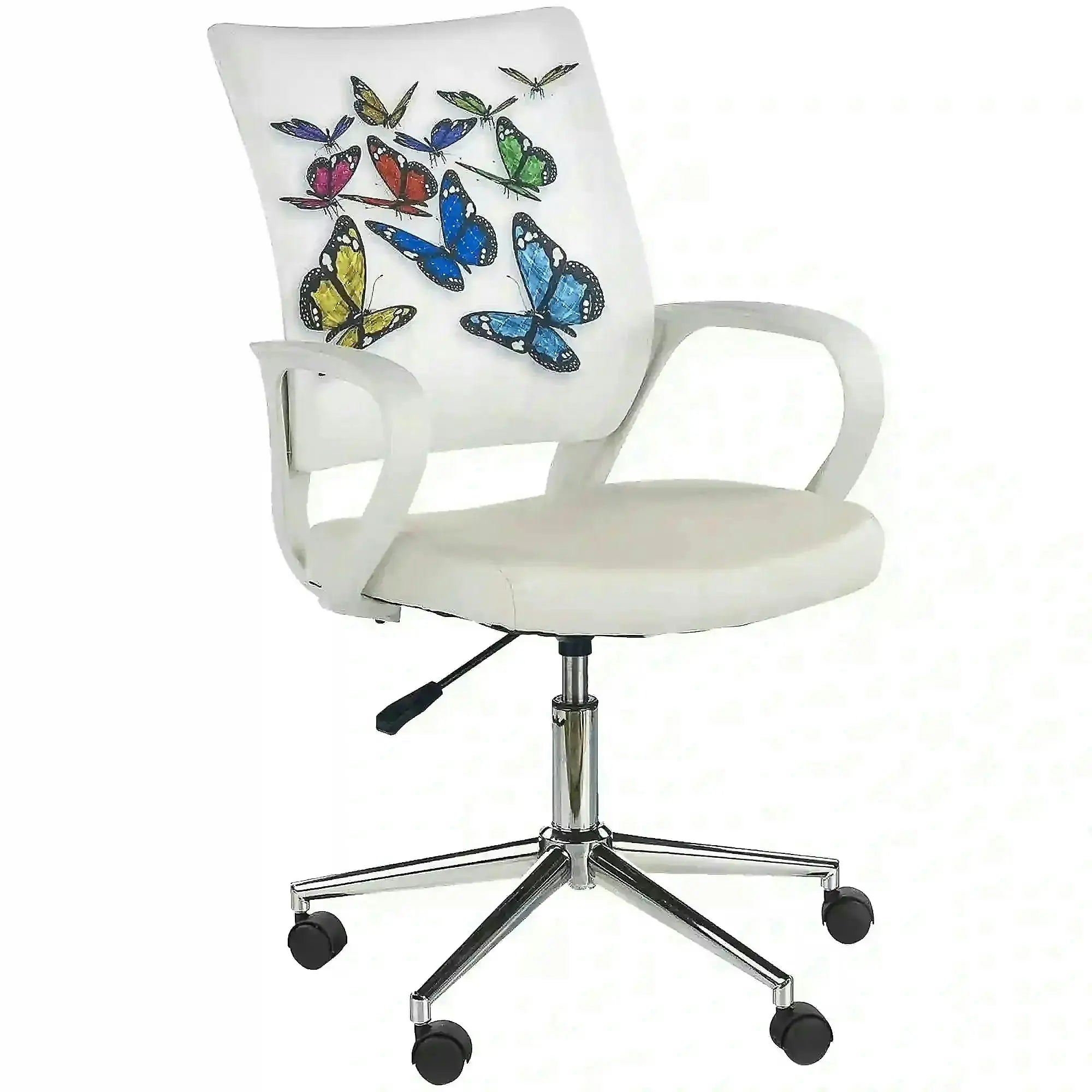 Scaun birou cu fluturi pentru copii BUTTERFLY IBIS, alb, piele ecologica/stofa, 53x59x88/100 cm