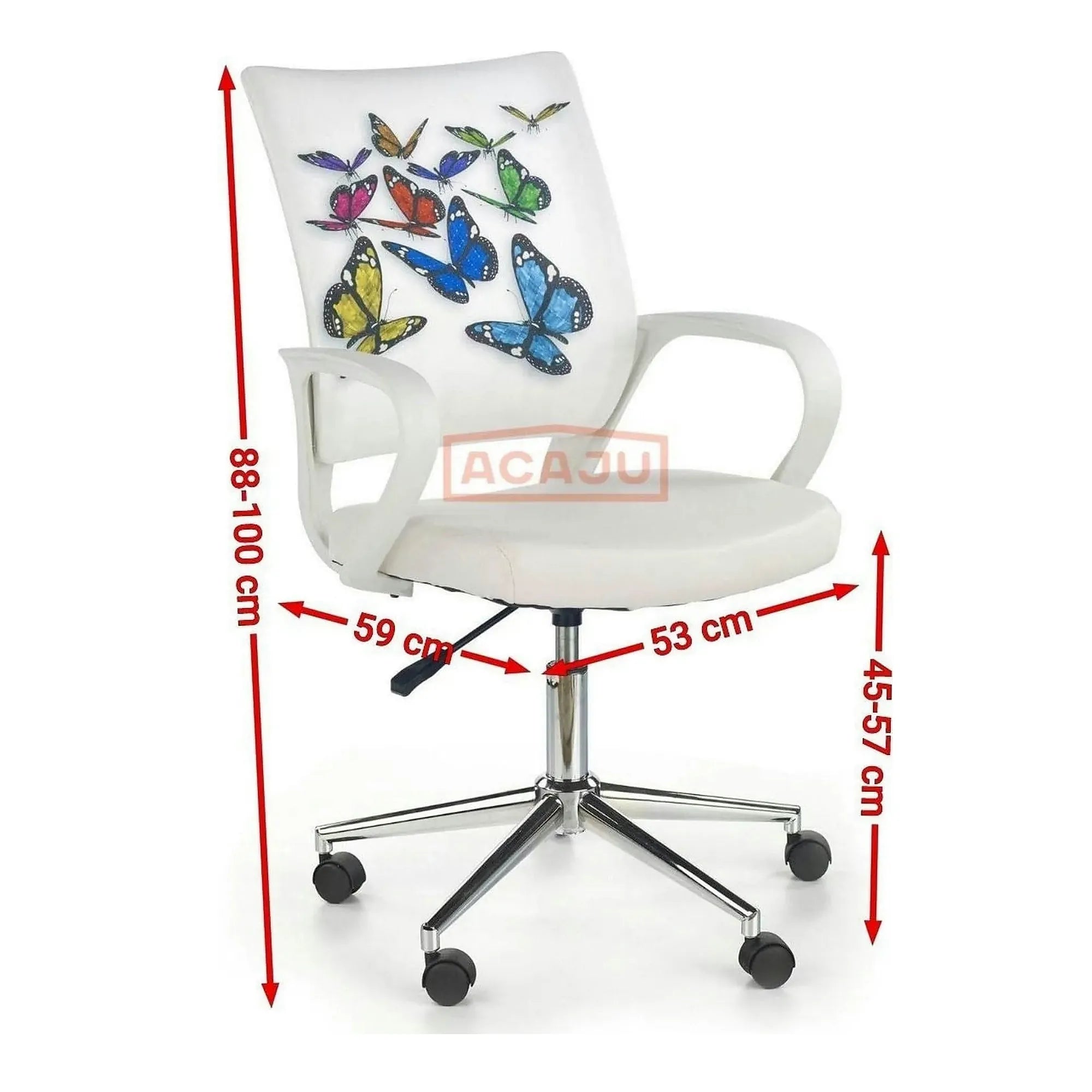 Scaun birou cu fluturi pentru copii BUTTERFLY IBIS, alb, piele ecologica/stofa, 53x59x88/100 cm