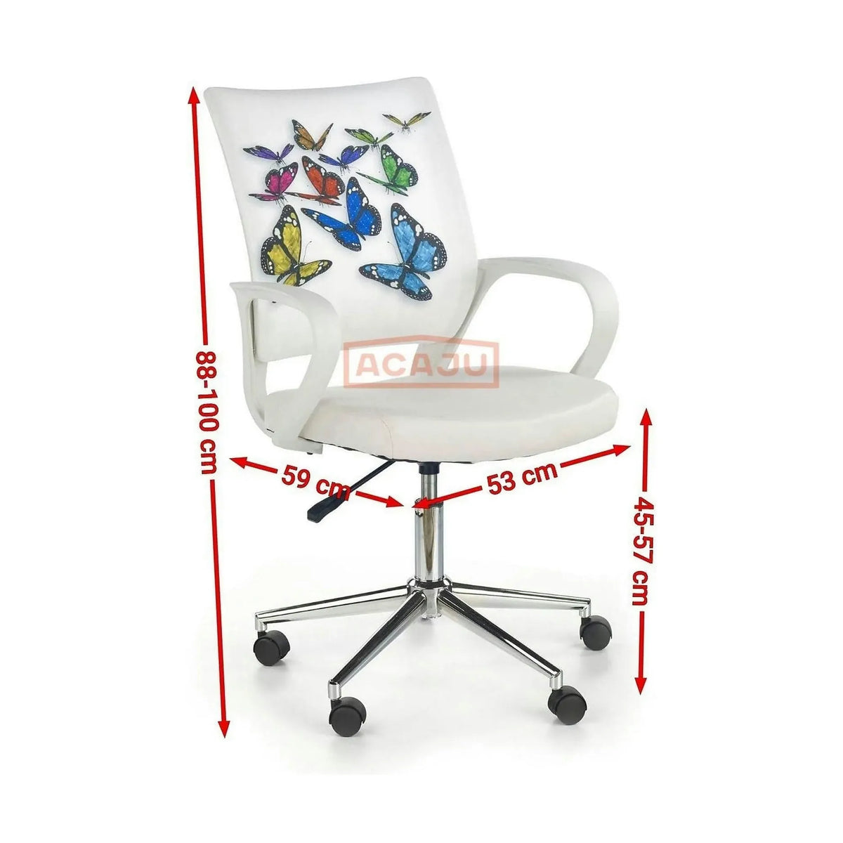 Scaun birou cu fluturi pentru copii BUTTERFLY IBIS, alb, piele ecologica/stofa, 53x59x88/100 cm