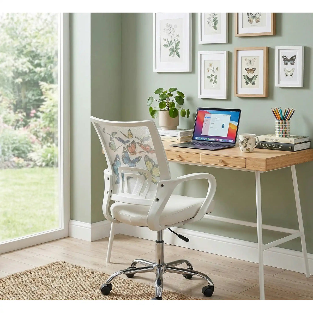 Scaun birou cu fluturi pentru copii BUTTERFLY IBIS, alb, piele ecologica/stofa, 53x59x88/100 cm