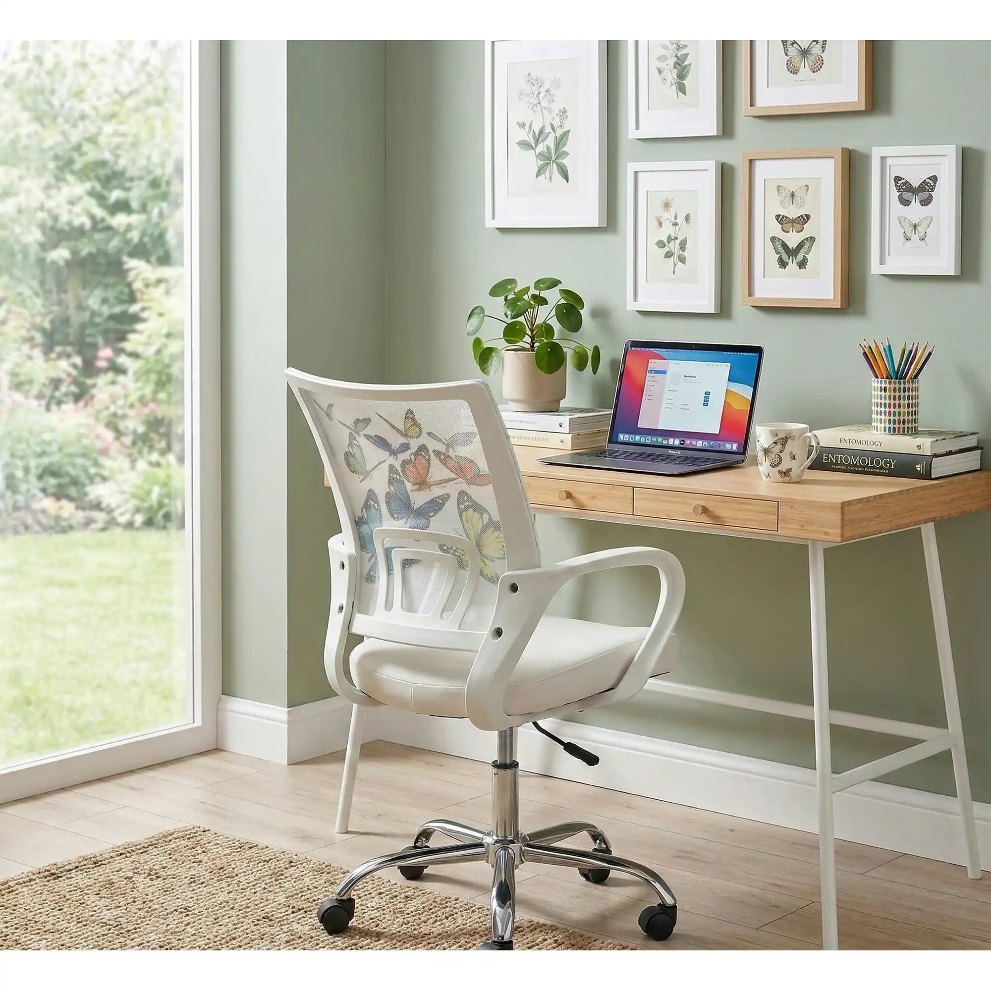 Scaun birou cu fluturi pentru copii BUTTERFLY IBIS, alb, piele ecologica/stofa, 53x59x88/100 cm