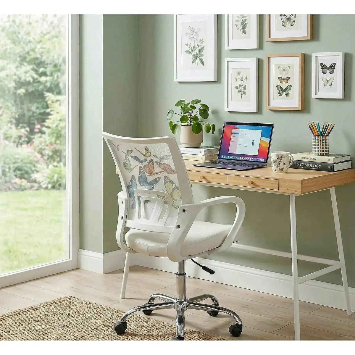 Scaun birou cu fluturi pentru copii BUTTERFLY IBIS, alb, piele ecologica/stofa, 53x59x88/100 cm