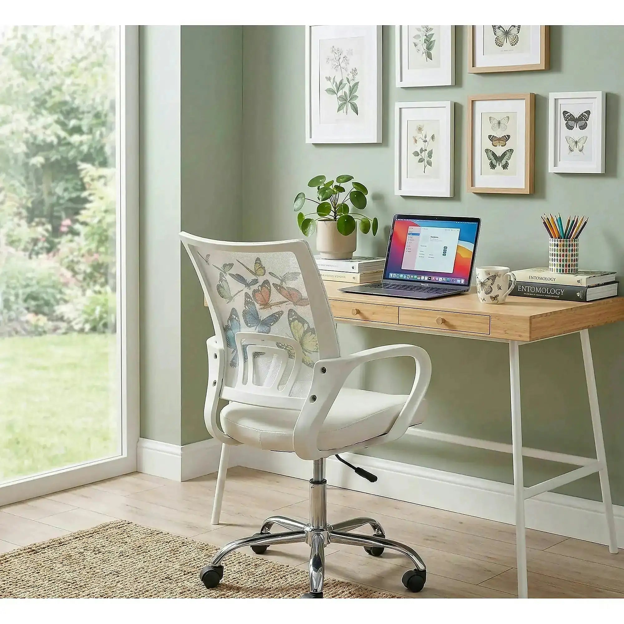 Scaun birou cu fluturi pentru copii BUTTERFLY IBIS, alb, piele ecologica/stofa, 53x59x88/100 cm