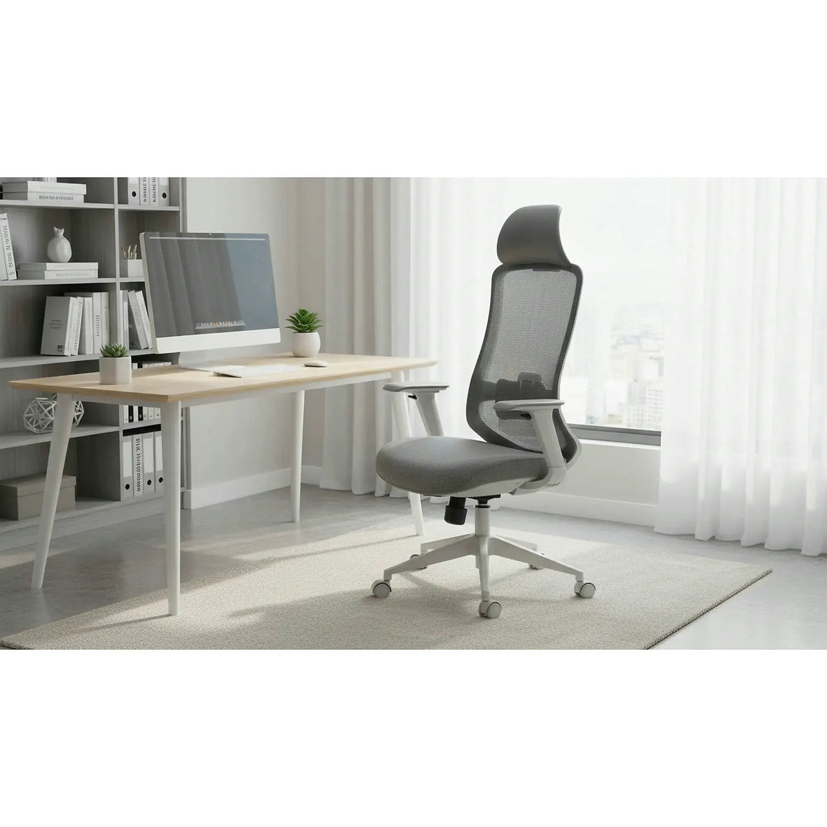 Scaun birou ERGON, gri, piele ecologica/plasa/stofa, 64x49x112/122 cm