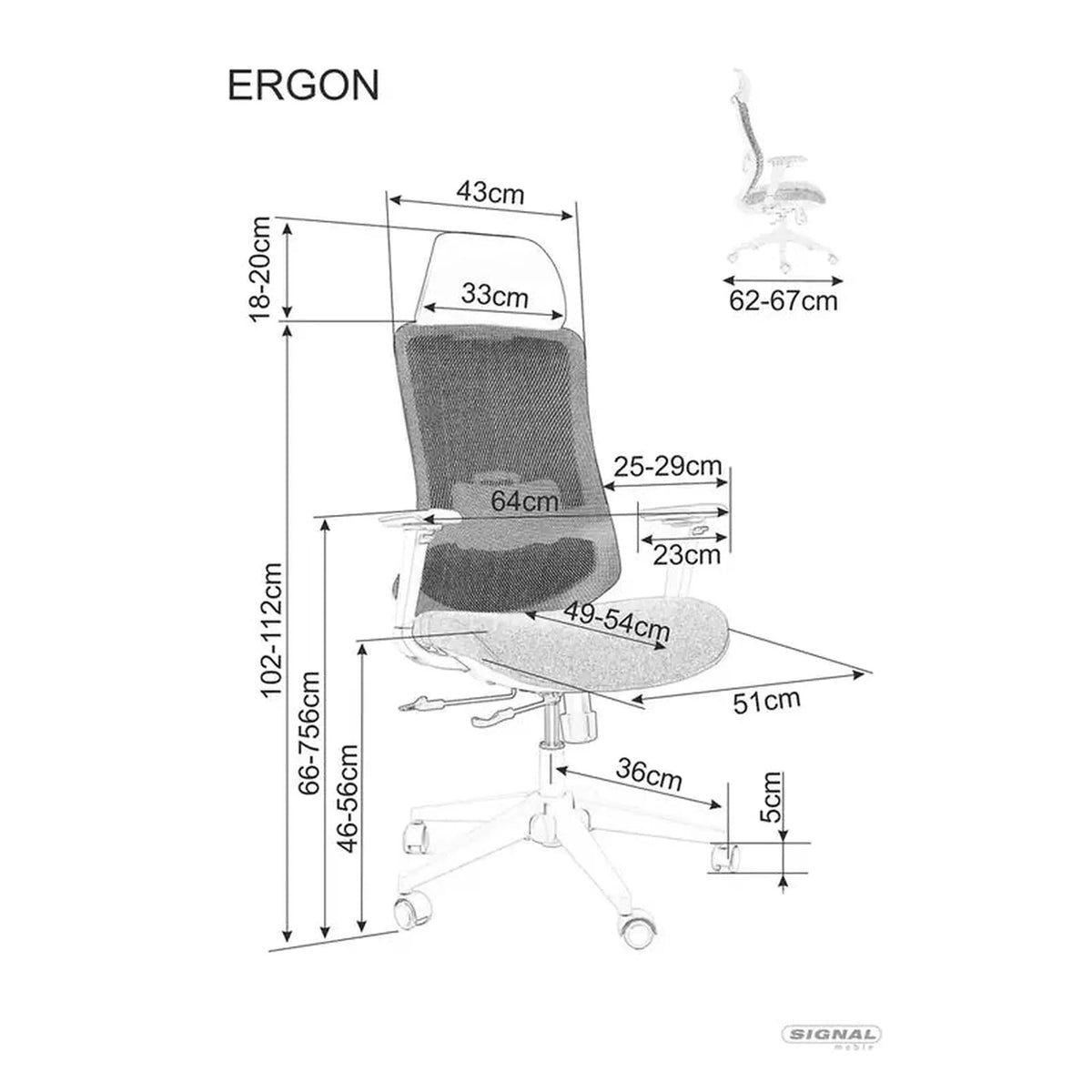 Scaun birou ERGON, negru, piele ecologica/plasa/stofa, 64x49x112/122 cm