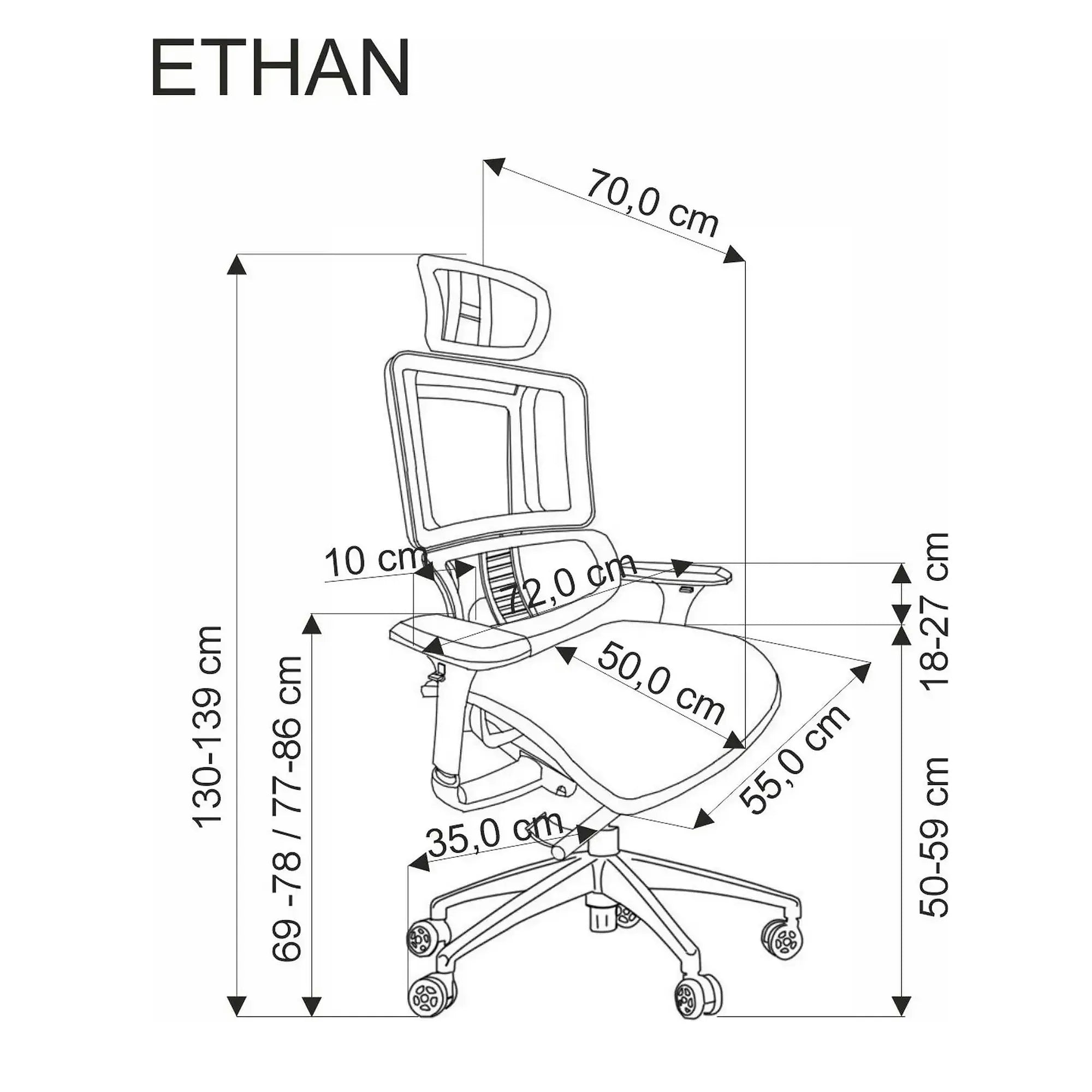 Scaun birou ETHAN, gri, plasa/metal, 72x70x130/139 cm