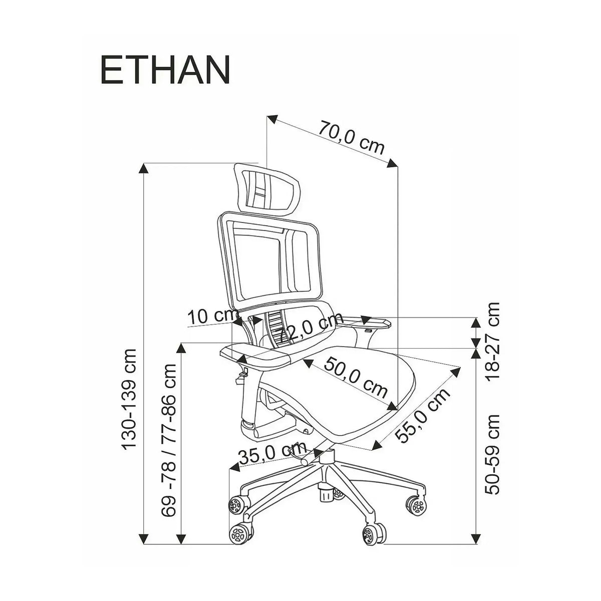 Scaun birou ETHAN, gri, plasa/metal, 72x70x130/139 cm