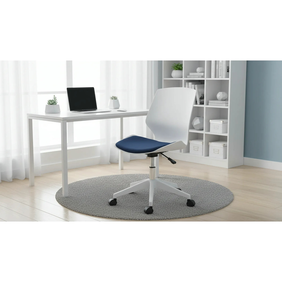 Scaun birou KILI, alb/albastru, stofa/plastic, 53x49x82/92 cm