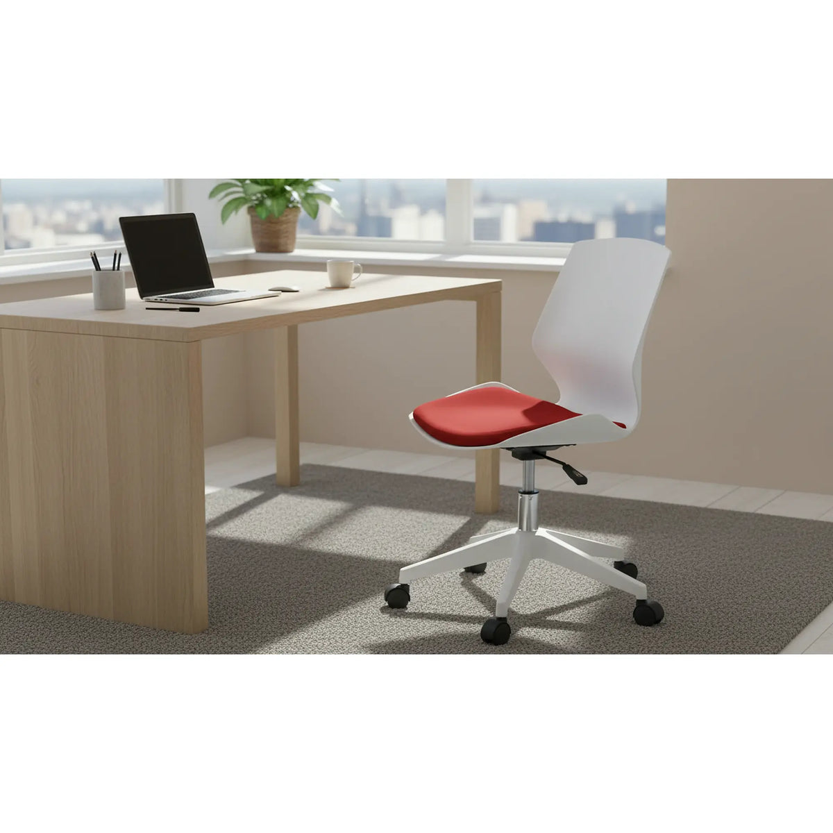 Scaun birou KILI, alb/rosu, stofa/plastic, 53x49x82/92 cm