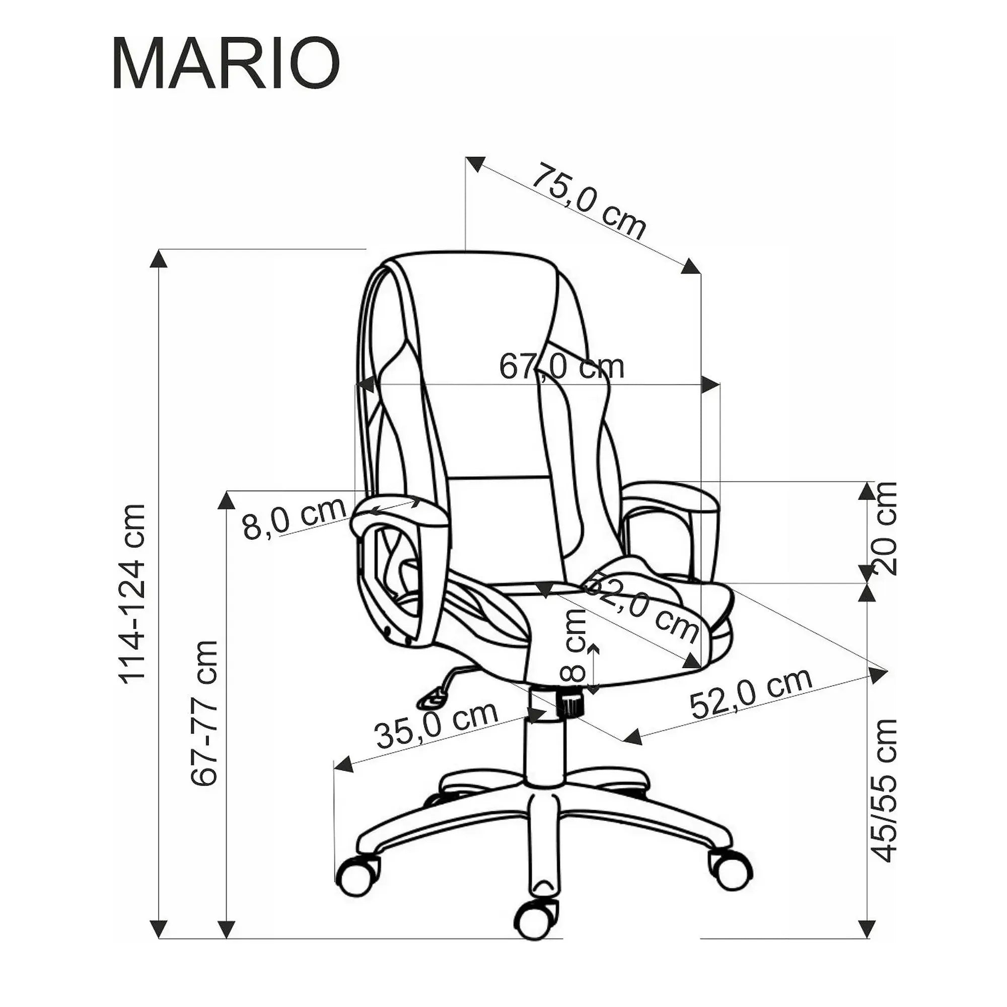 Scaun birou MARIO, negru, piele ecologica, 67x75x114/124 cm