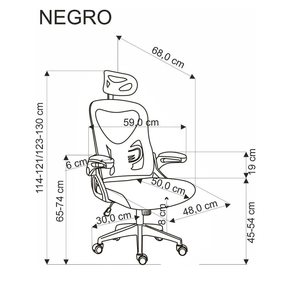 Scaun birou NEGRO, negru, plasa/panza, 59x63x123/130 cm