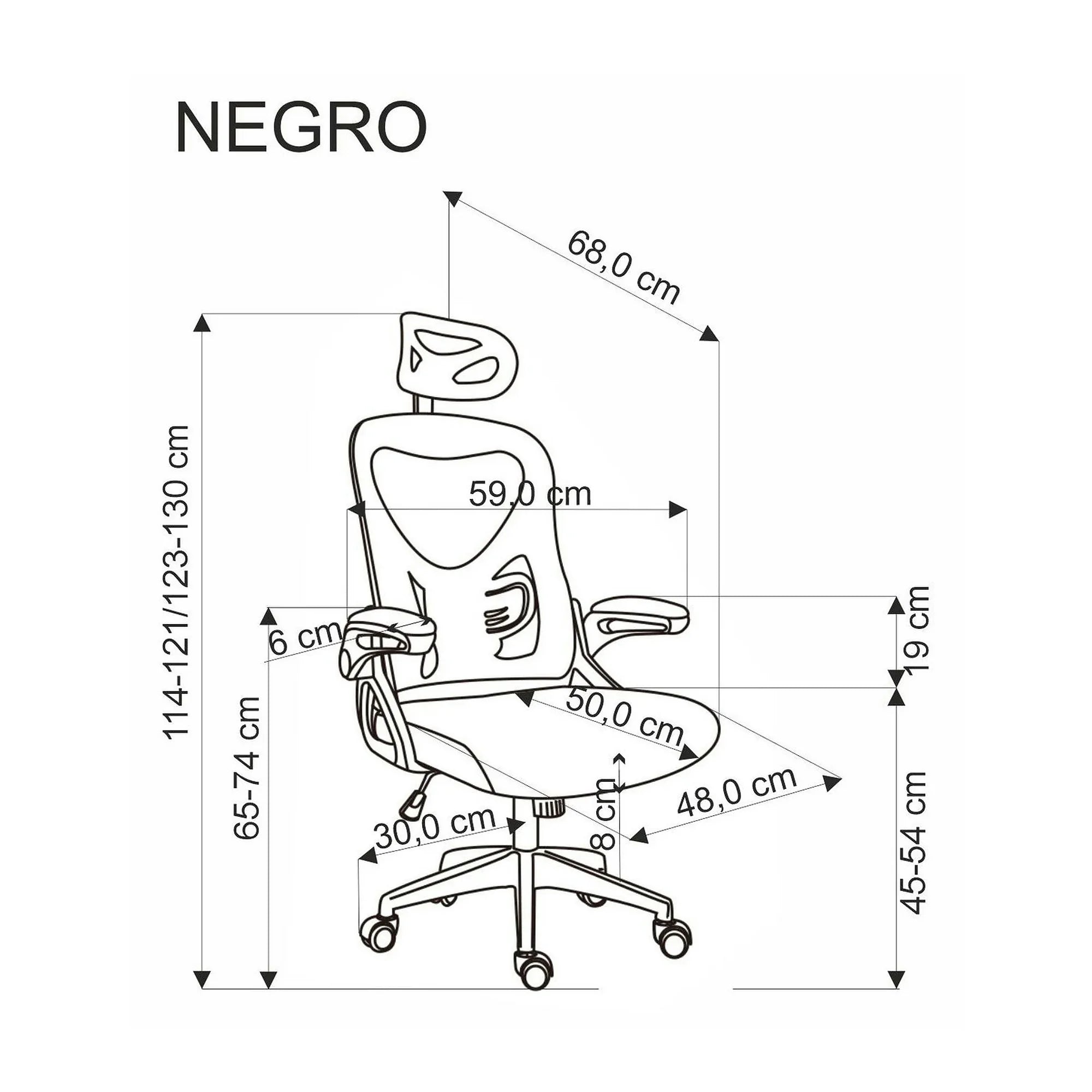 Scaun birou NEGRO, negru, plasa/panza, 59x63x123/130 cm
