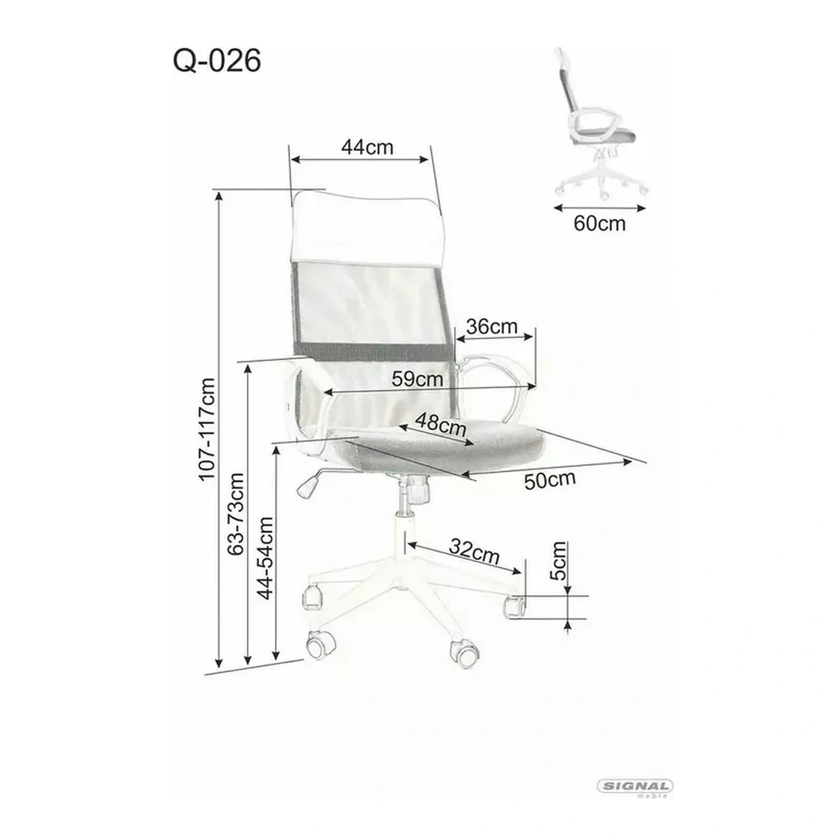 Scaun birou Q-026, gri, piele ecologica/plasa, 59x48x107/117 cm
