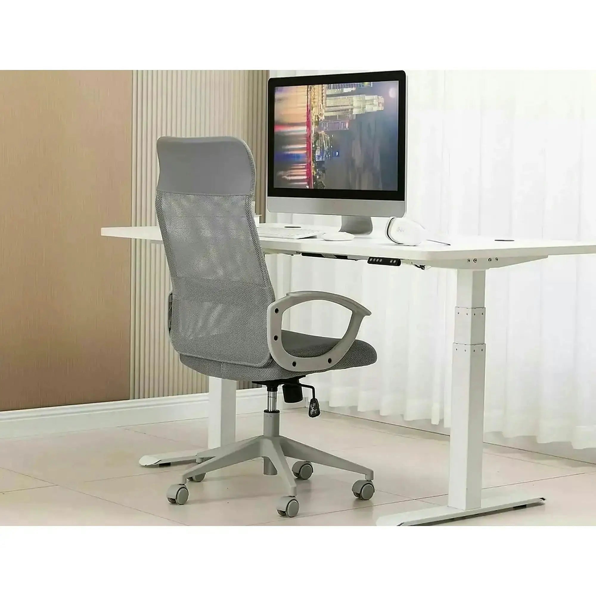 Scaun birou Q-026, gri, piele ecologica/plasa, 59x48x107/117 cm