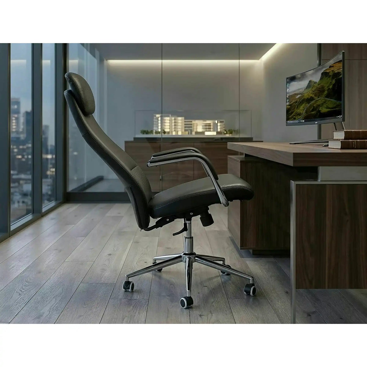 Scaun birou Q-05, negru, piele ecologică, 65x50x117 cm