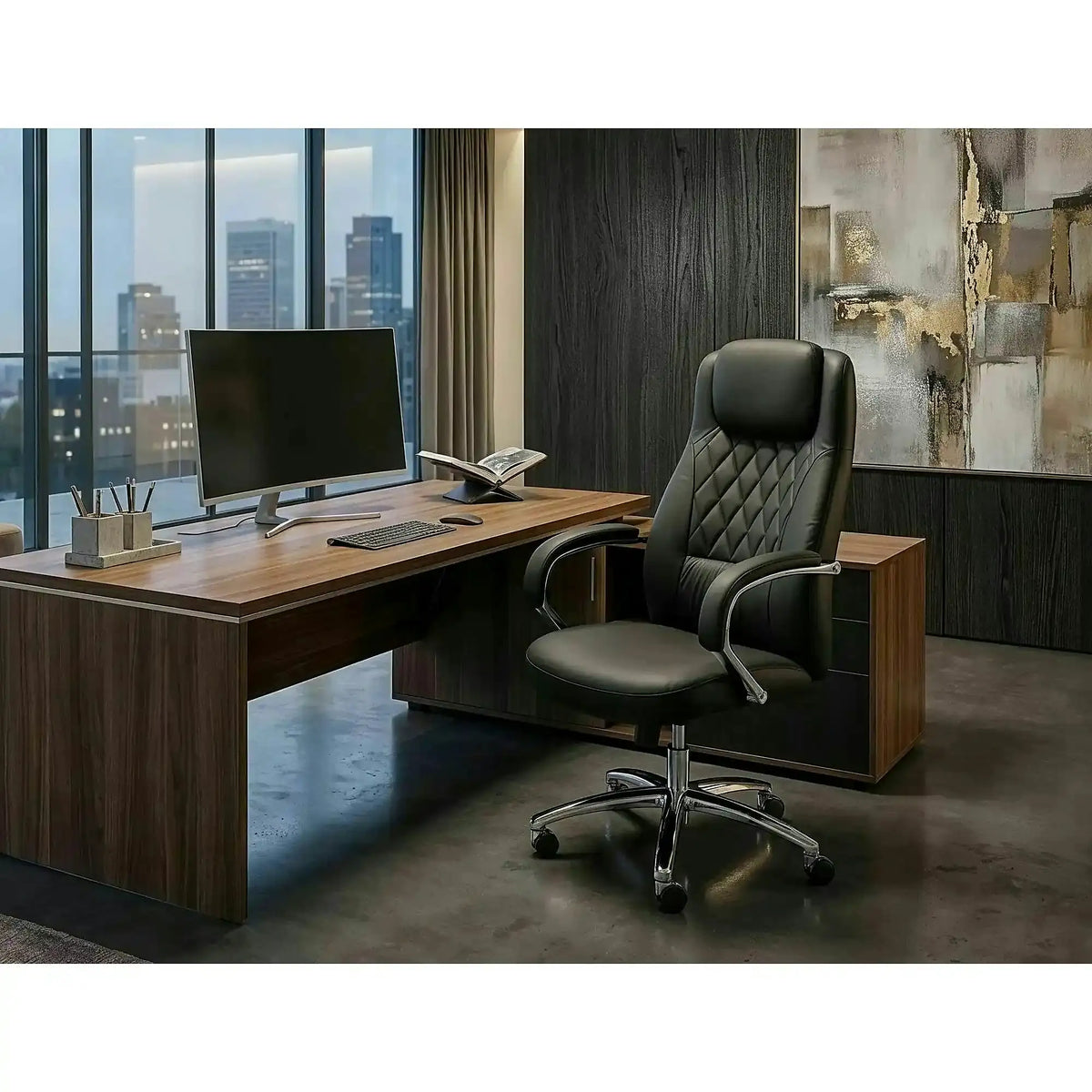 Scaun birou Q-07, negru, piele ecologică, 68x51x116 cm