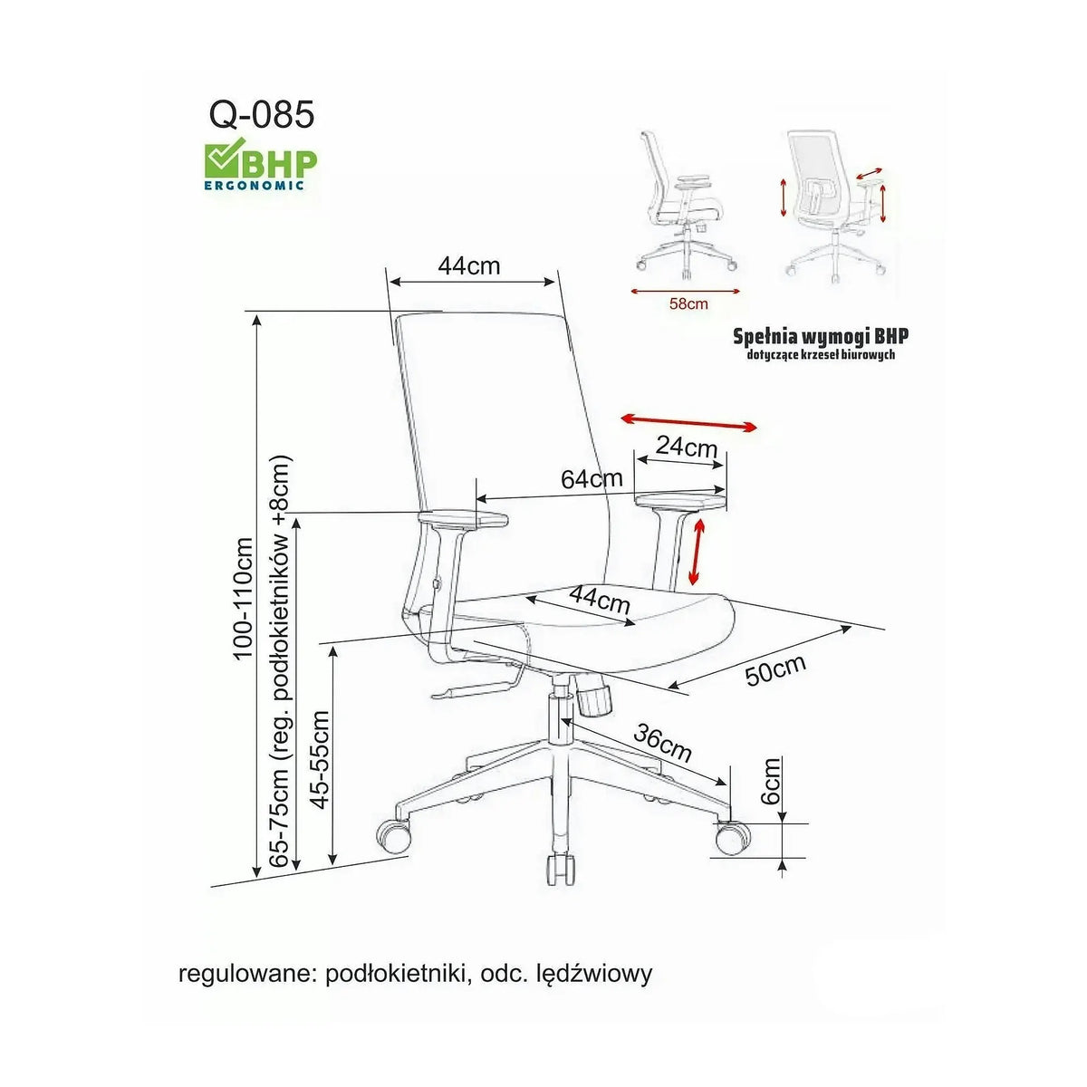 Scaun birou Q-085, negru, piele ecologică, 64x44x100 cm