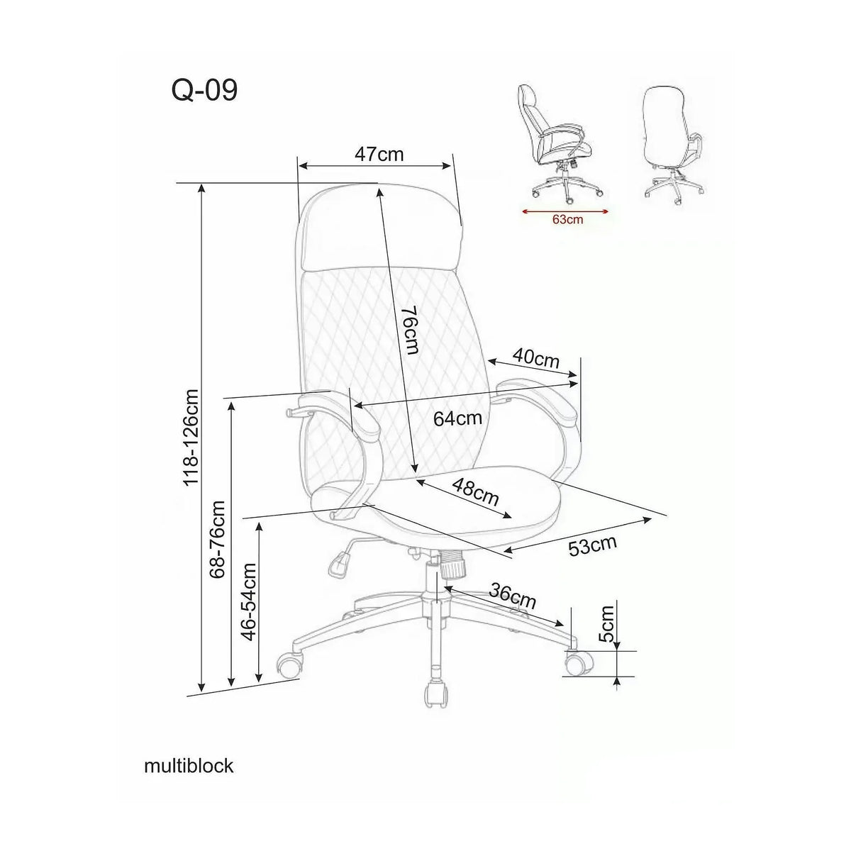 Scaun birou Q-09, negru, piele ecologică, 64x48x118 cm