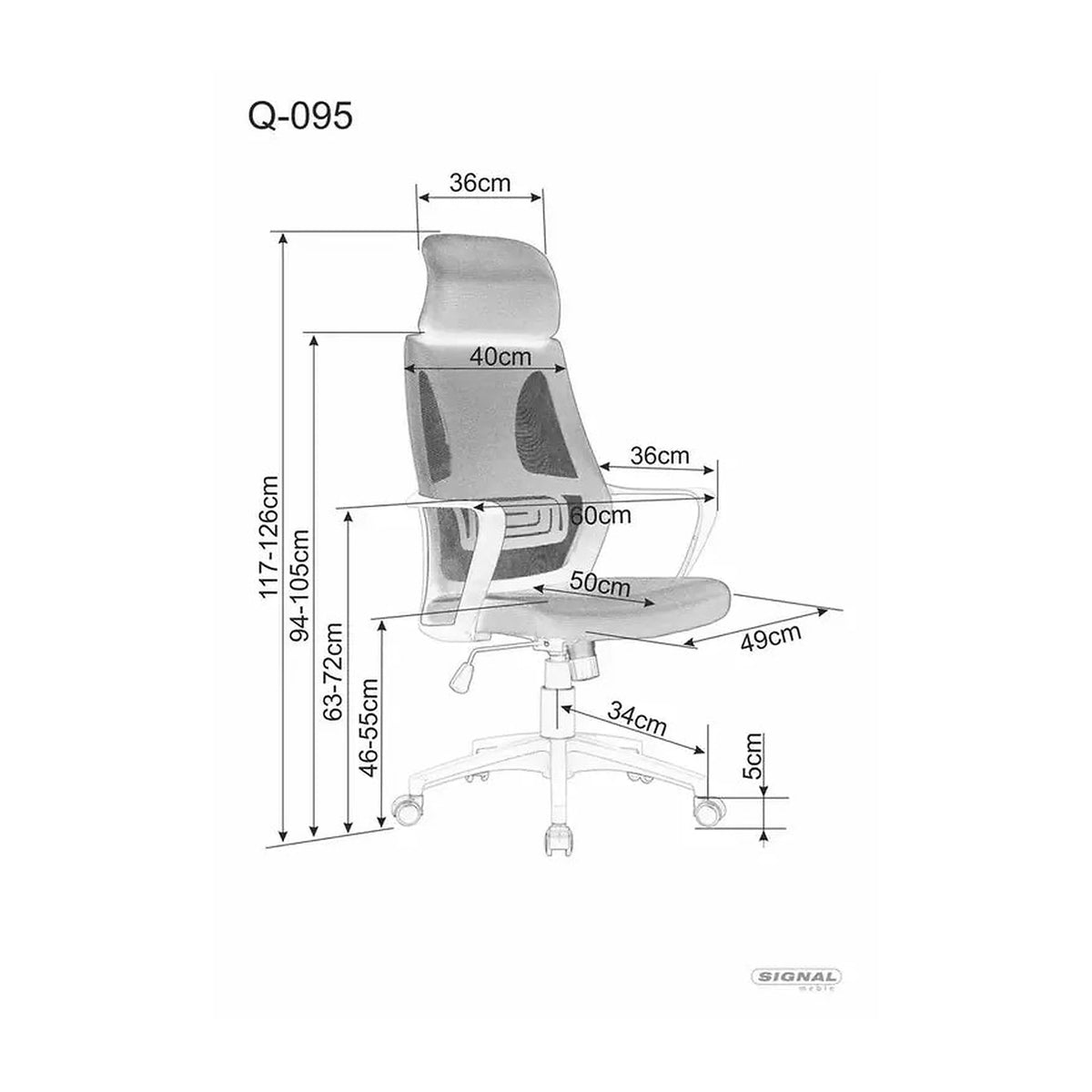 Scaun birou Q-095, negru/gri, stofa/plasa, 60x50x117/126 cm